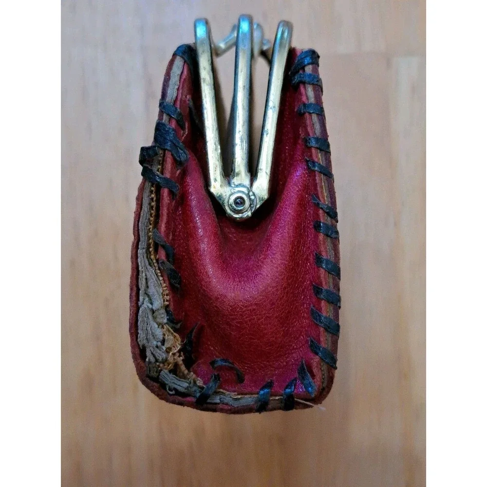 Vintage Red Tooled Leather Coin Purse Mexican Aztec Mayan Kiss Lock FLAWS